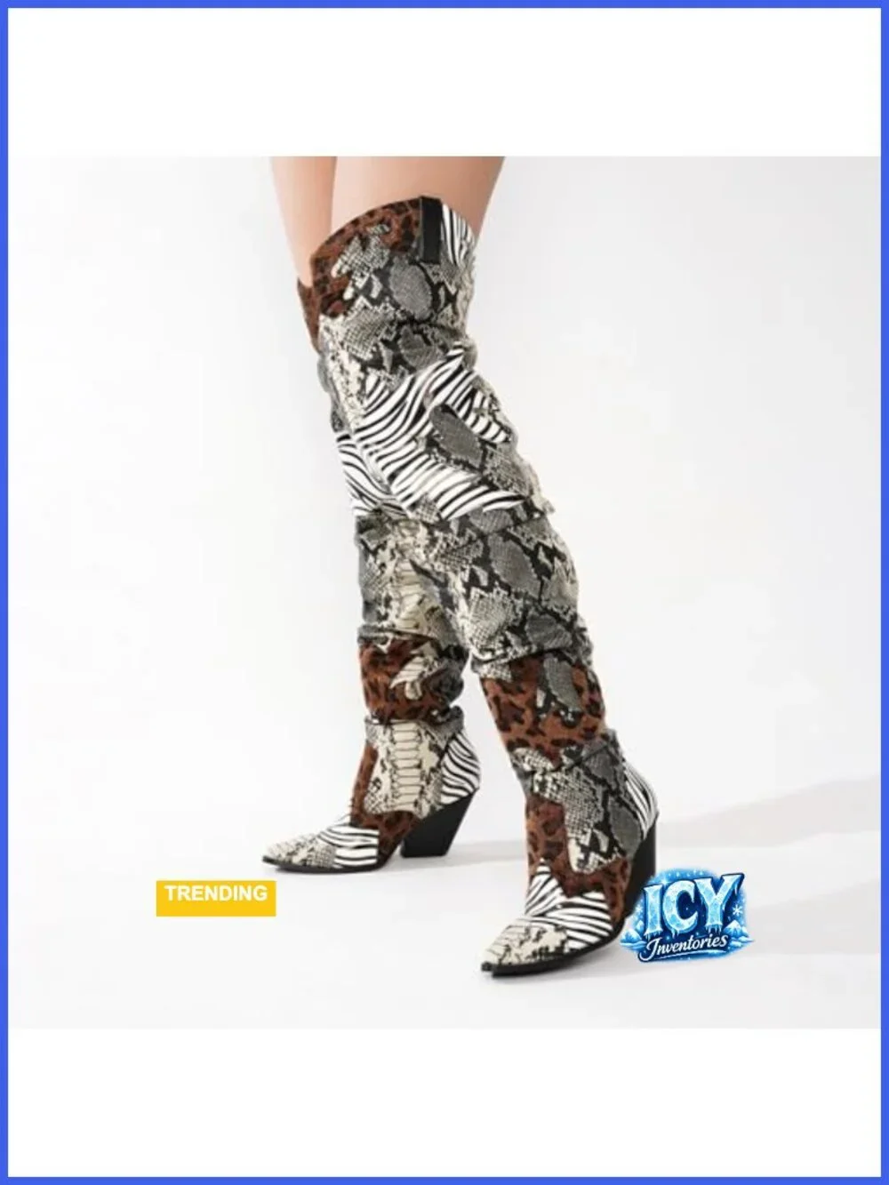 Faux Snakeskin Thigh High Cowboy Boots Chunky Heel Western Booties Block Heel